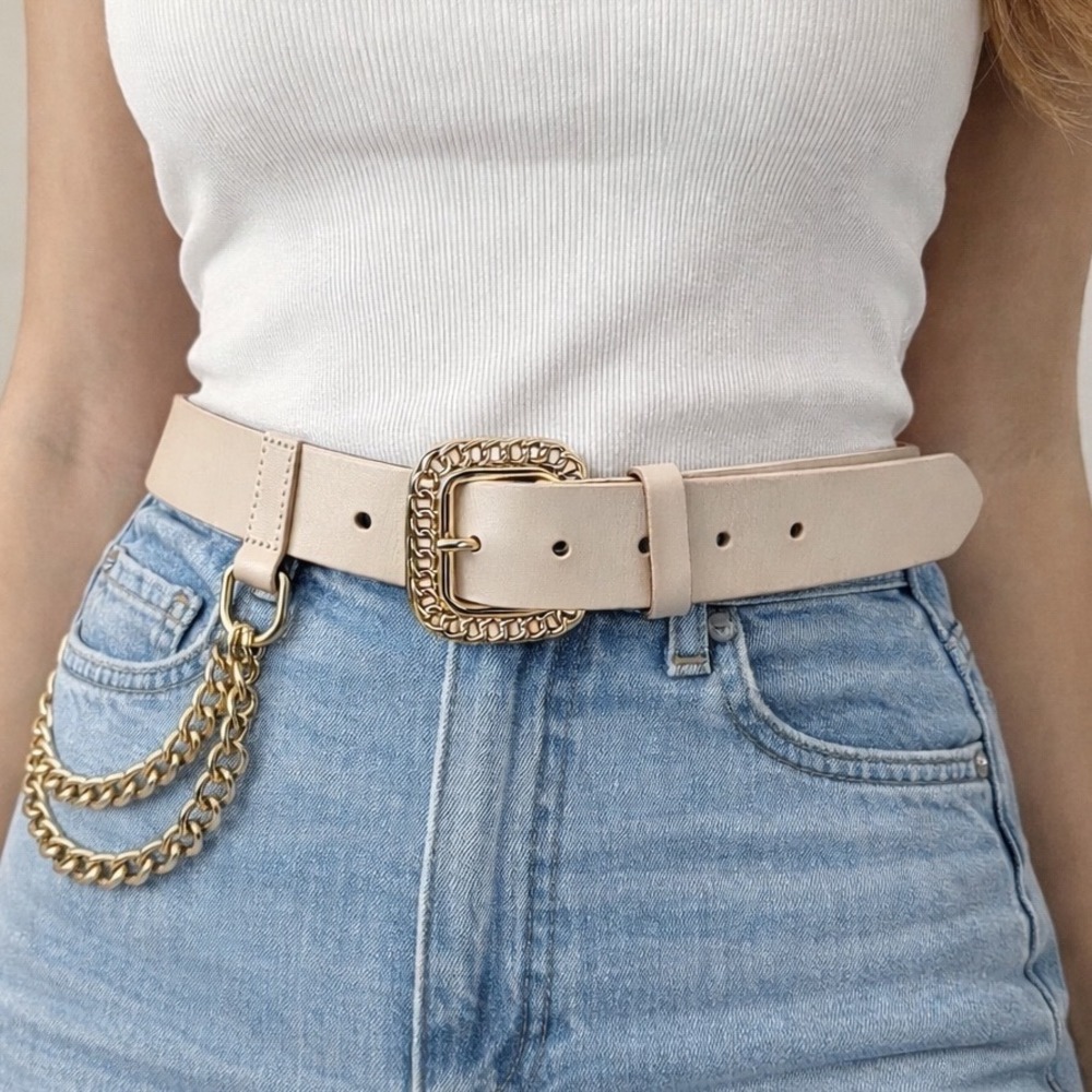 Beige Genuine Leather Chain Belt Gold Tone Buckle Women's Size S/M - Picture 2 of 13
